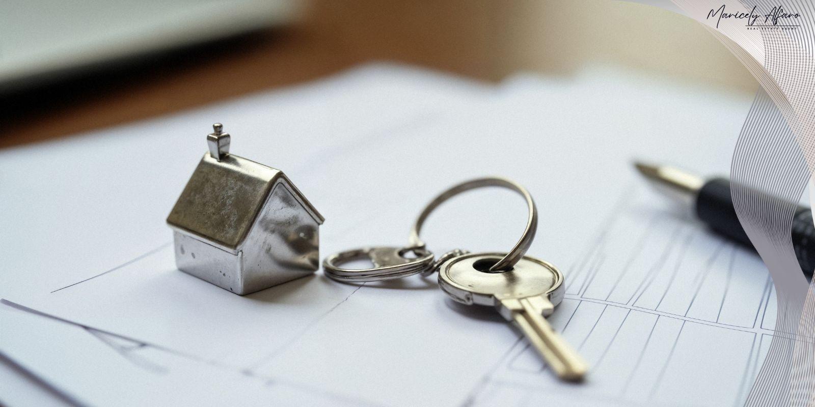 A magnifying glass over a stylized building icon and a set of keys, representing transparency and due diligence in real estate